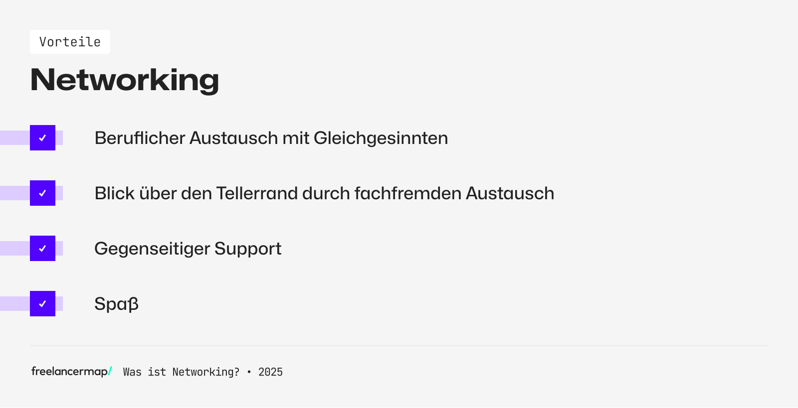 Vorteile des Networkings:
1. Beruflicher Austausch
2. Fachfremder Austausch
3. Gegenseitige Unterstützung
4. Spaß