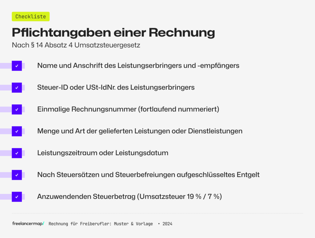 freelancer rechnung schreiben: Gesetzliche Pflichtangaben nach § 14 UStG einer Rechnung für Freiberufler